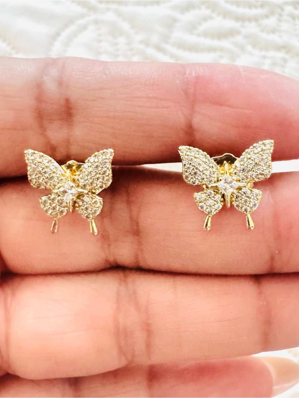 18K Gold Plated Butterfly Stud women’s Earrings - Sparkling Crystal Accent. New